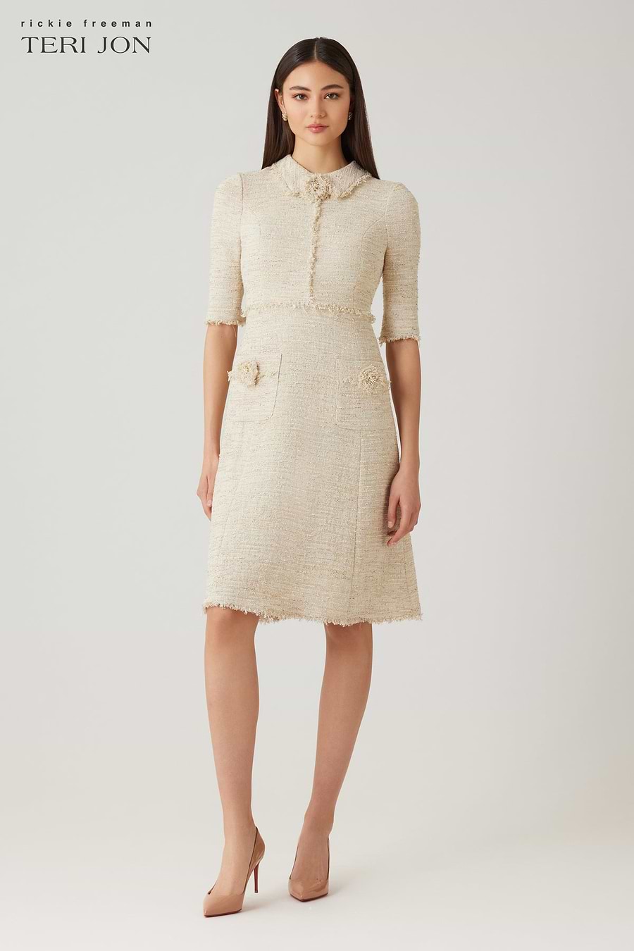 Teri Jon Metallic Tweed Shirt Collar Fringe Trim Dress Size 10