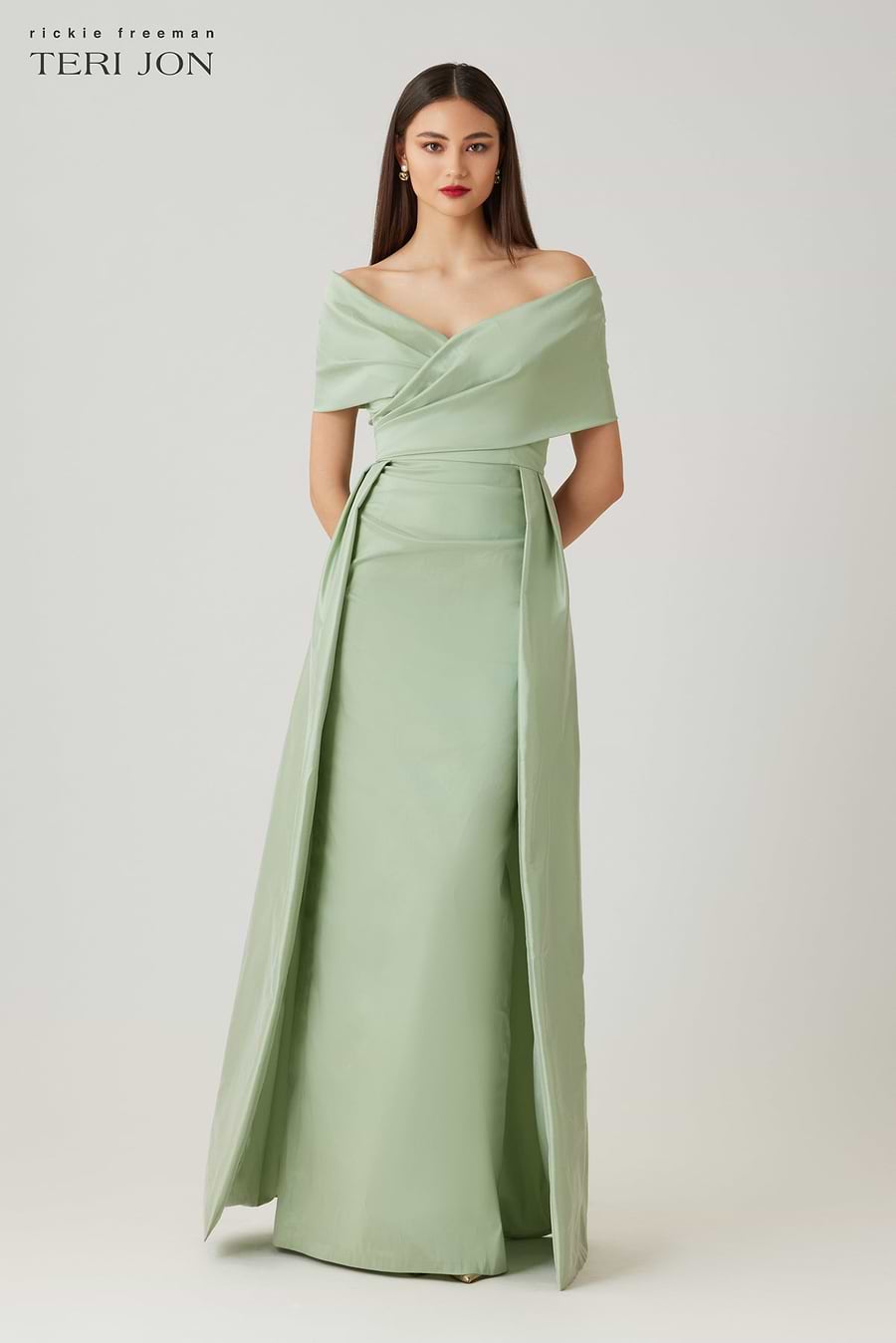 Teri Jon Taffeta Off The Shoulder Overlay Skirt Gown Size 16