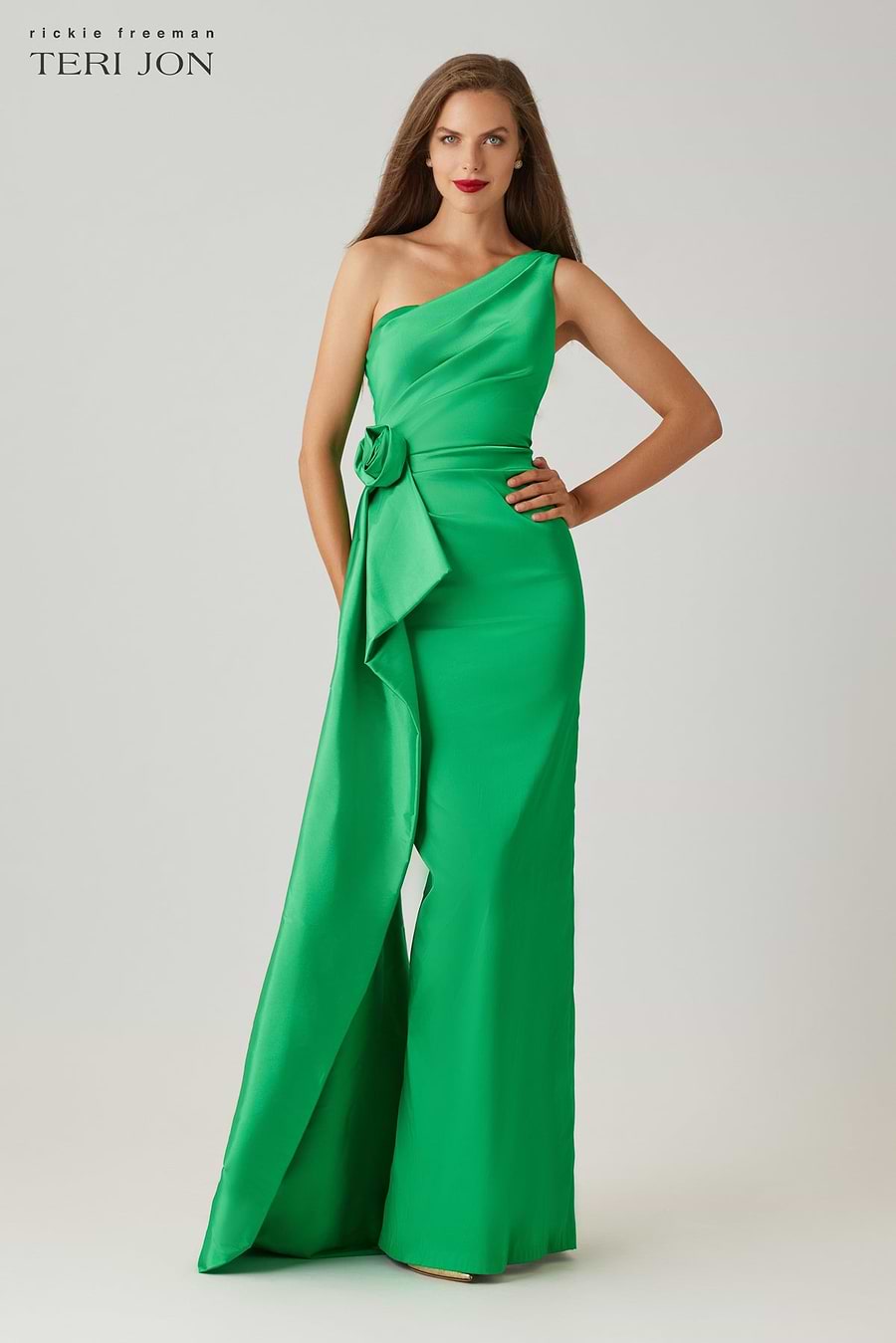 Teri Jon Taffeta One Shoulder Gown - Lime