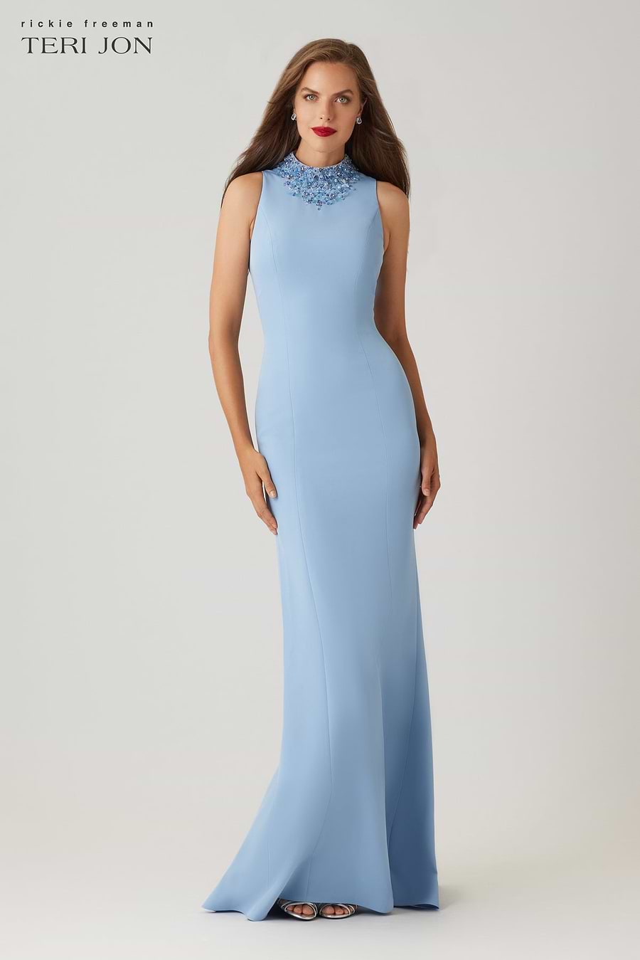 Teri Jon Crepe Beaded Neck Column Gown Size 6