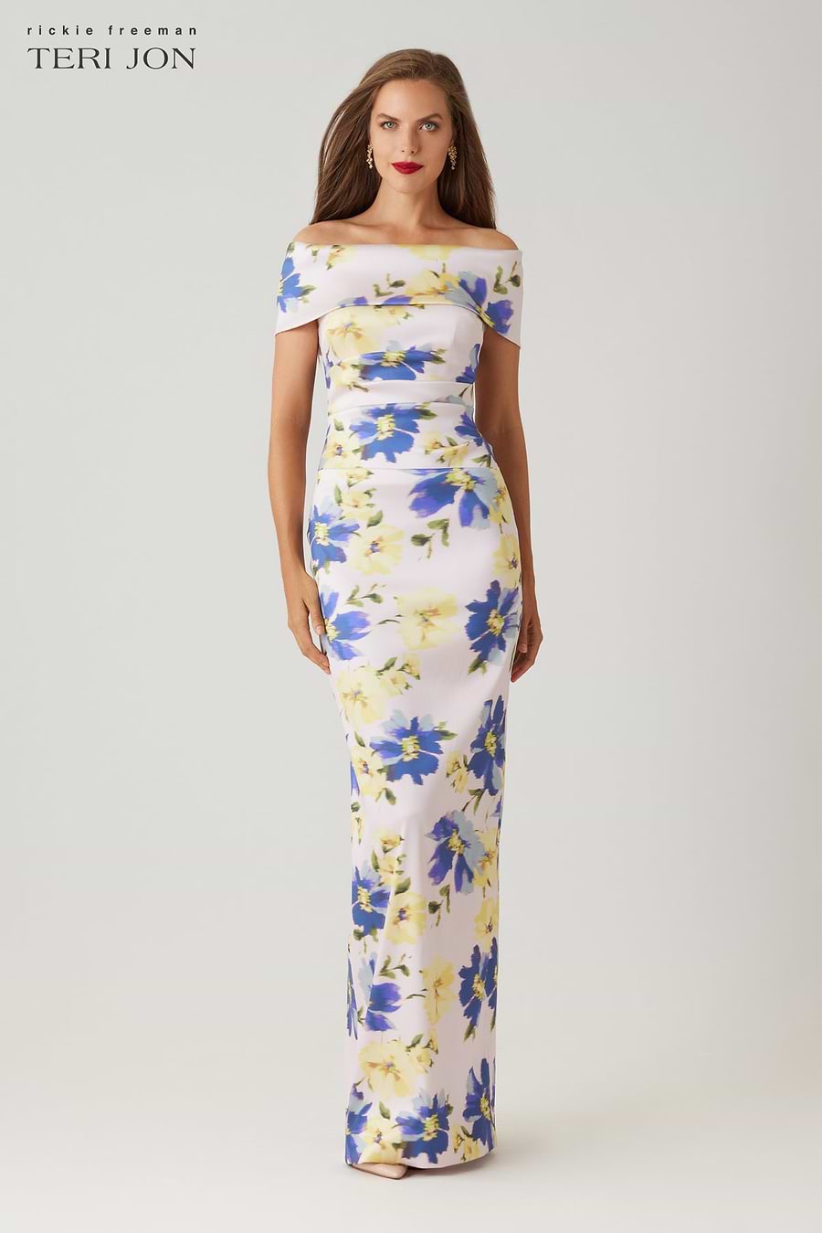 Teri Jon Mikado Digital Print Ruched Bodice Gown Size 0