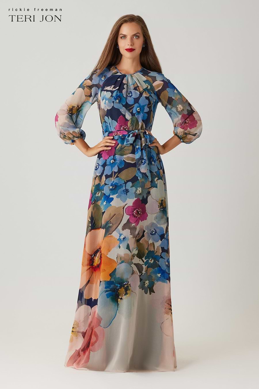 Teri Jon Chiffon Floral Print Maxi Gown Size 0
