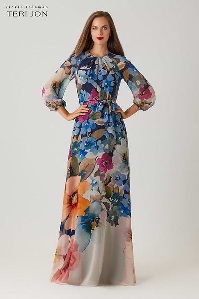 floral chiffon maxi dress Teri Jon - Blue Multi Front cut outs Black & White Striped Color:Rust Orange Pet Onesies