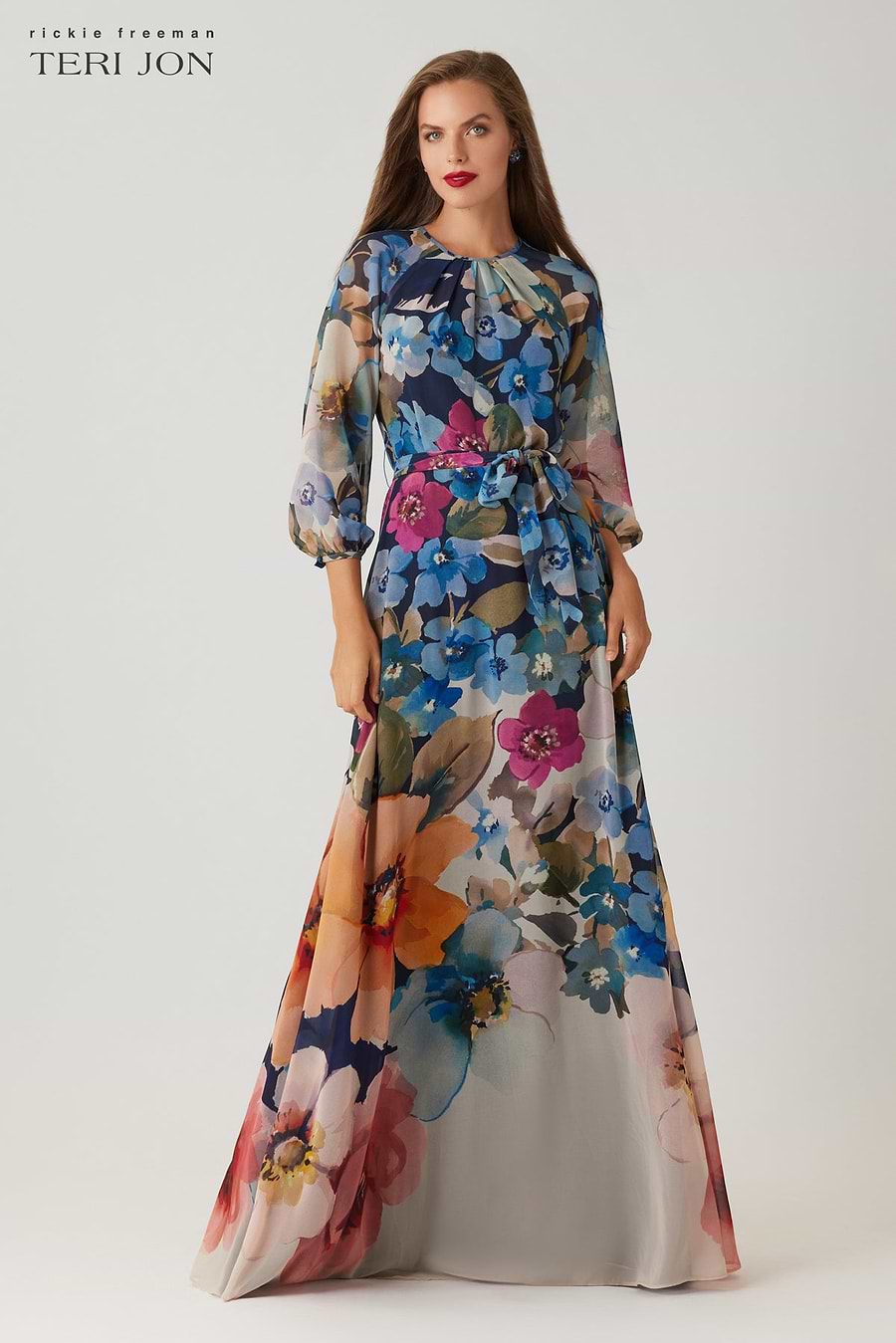 Teri Jon Chiffon Floral Print Maxi Gown Size 4