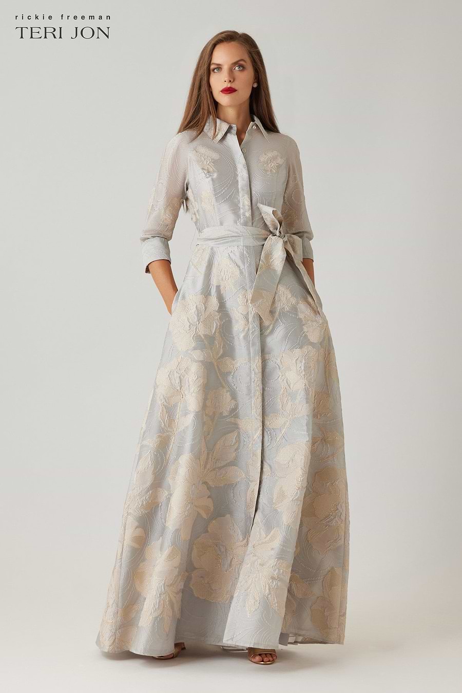 Rickie Freeman For Teri Jon Metallic Floral Jacquard Shirt Gown, Platnum Gold, Women's, 6, Evening Gowns