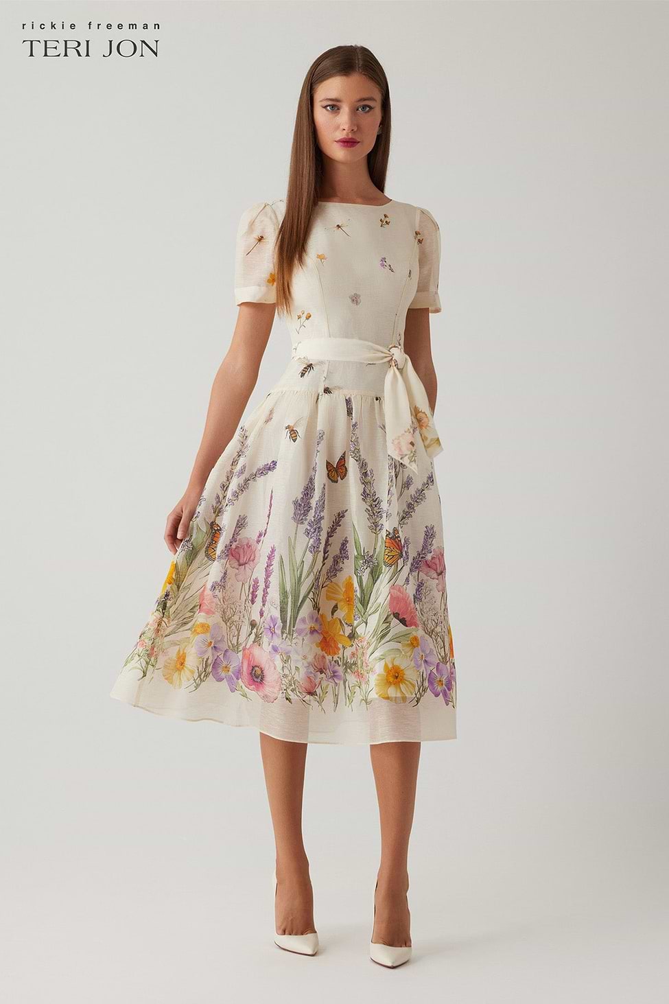 Teri Jon By Rickie Freeman Women's Floral-Print Linen-Silk Midi-Dress - Ivory Multi