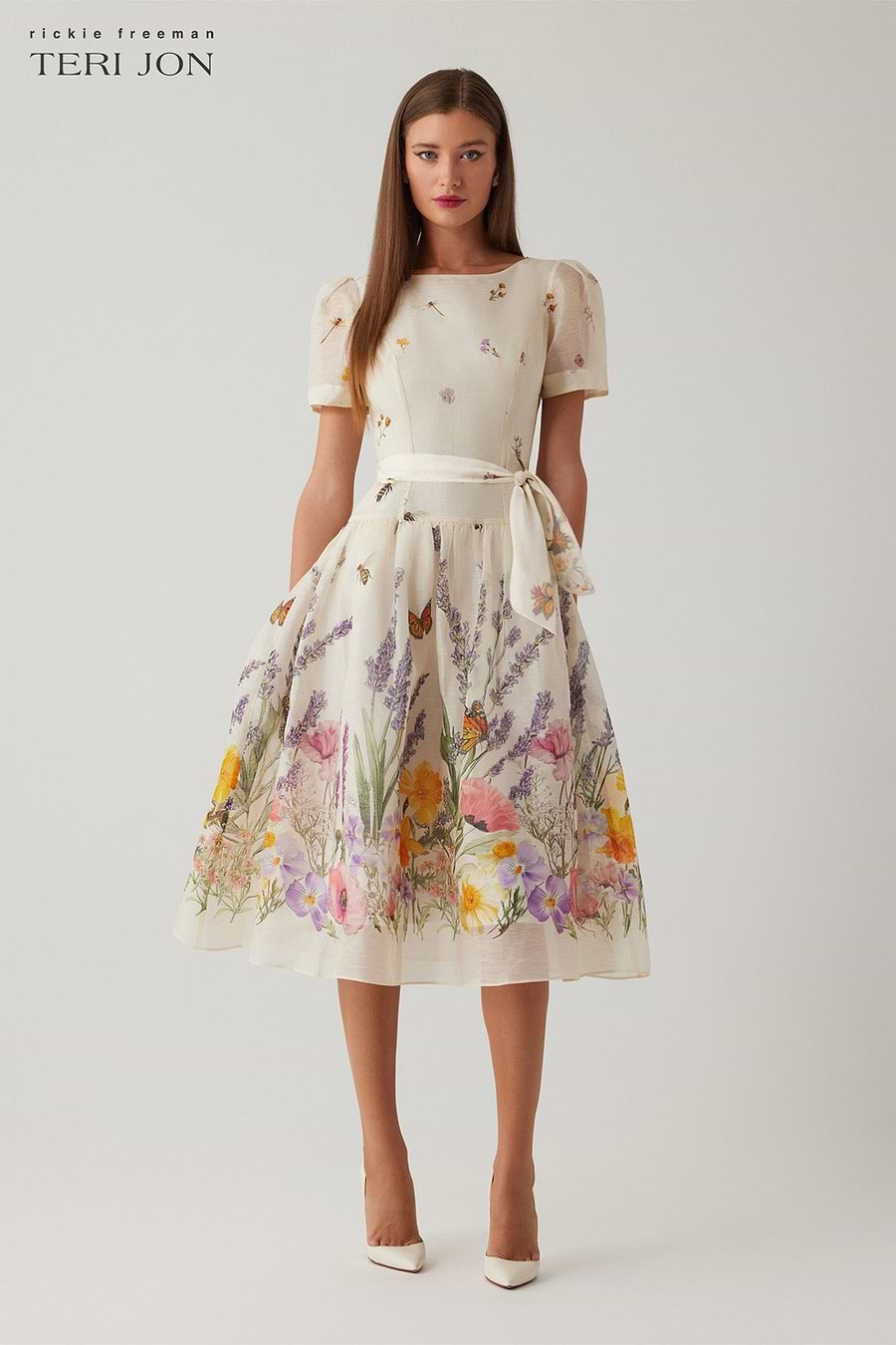 Teri Jon By Rickie Freeman Women's Floral-Print Linen-Silk Midi-Dress - Ivory Multi