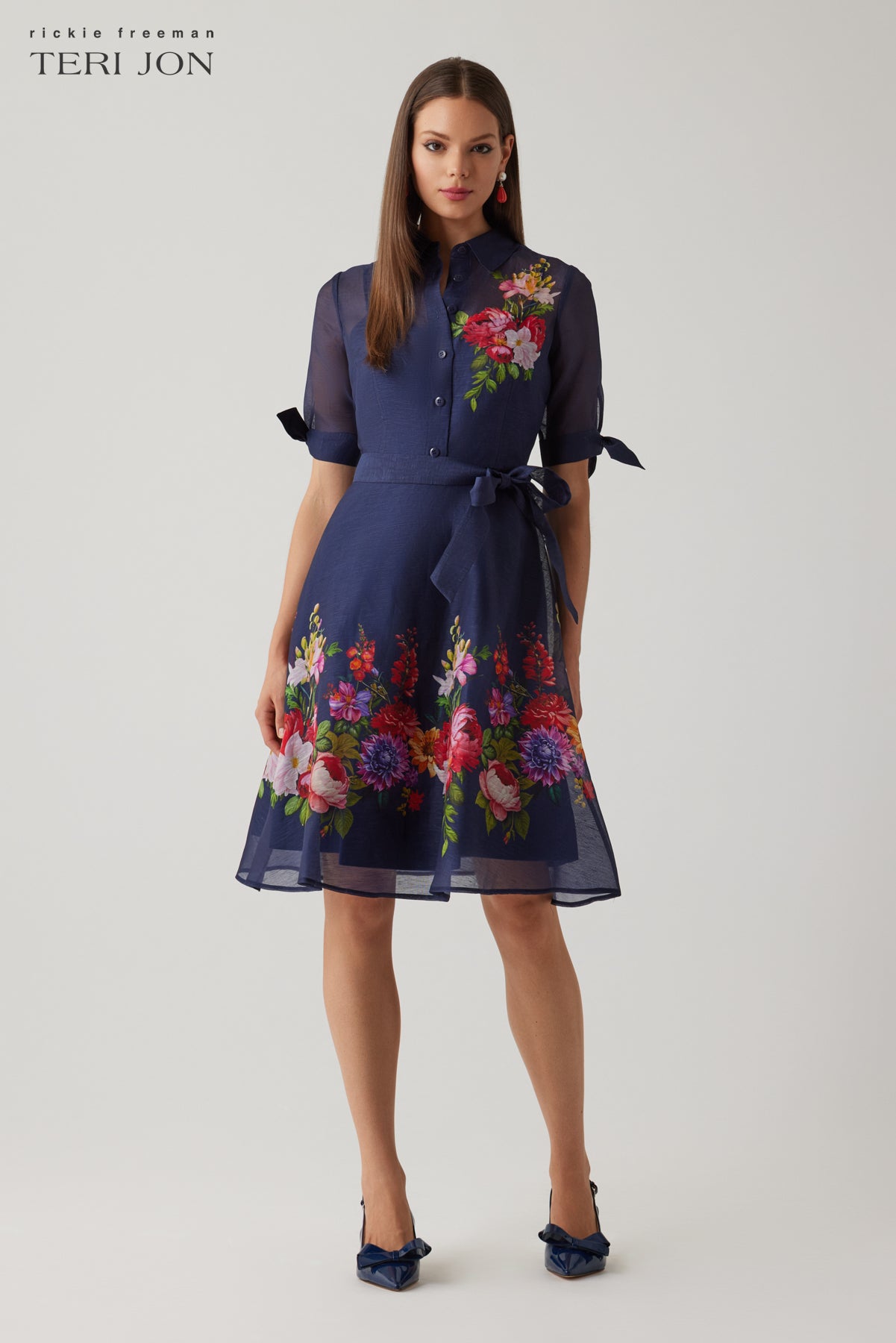 Teri Jon By Rickie Freeman Women's Floral Border Shirtdress - Blue - Size 8