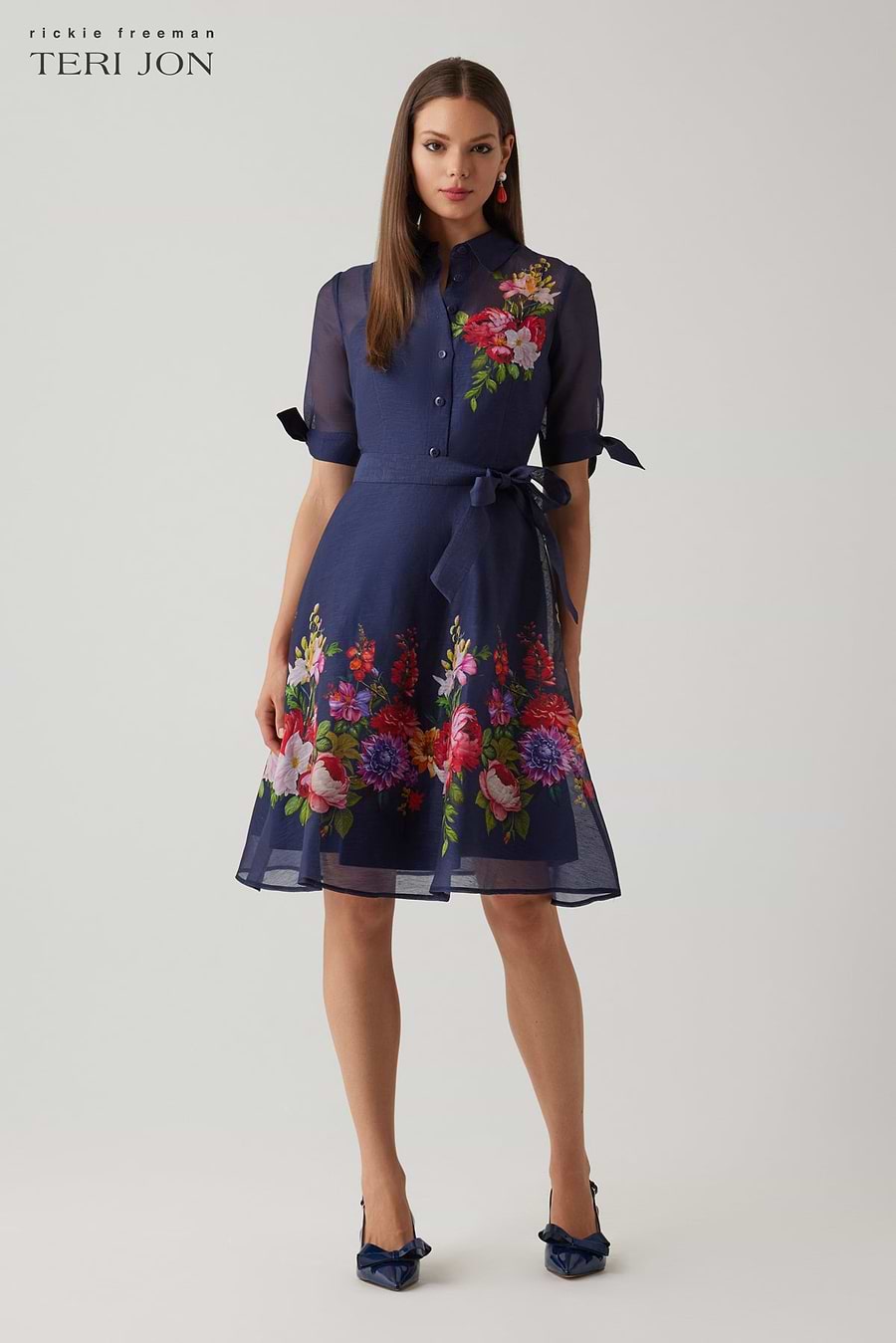 Teri Jon By Rickie Freeman Women's Floral Border Shirtdress - Blue - Size 8