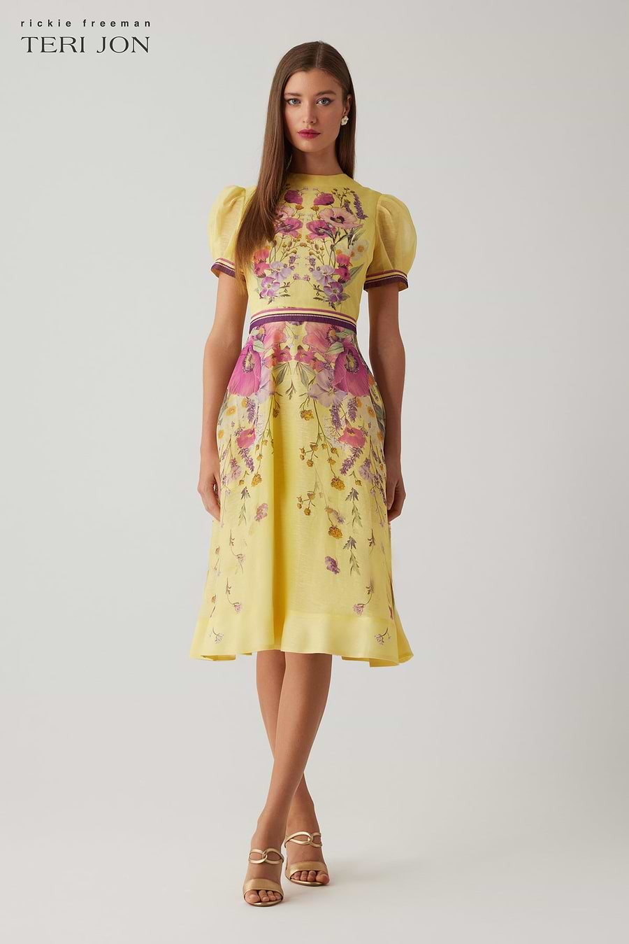 Teri Jon Silk Linen Short Sleeve Floral Print Dress Size 6
