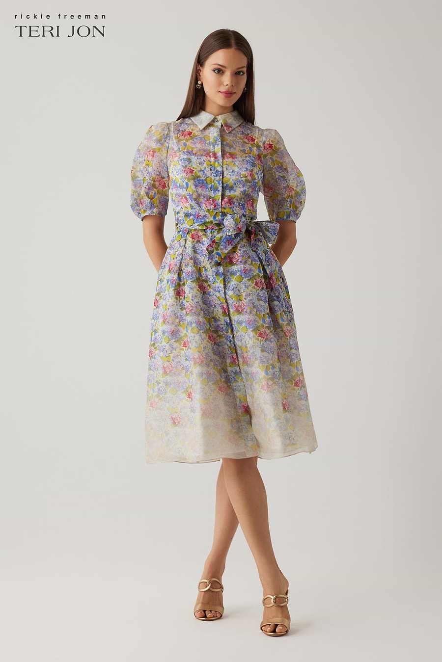 Silk Linen Print Puff Sleeve Shirtwaist Dress