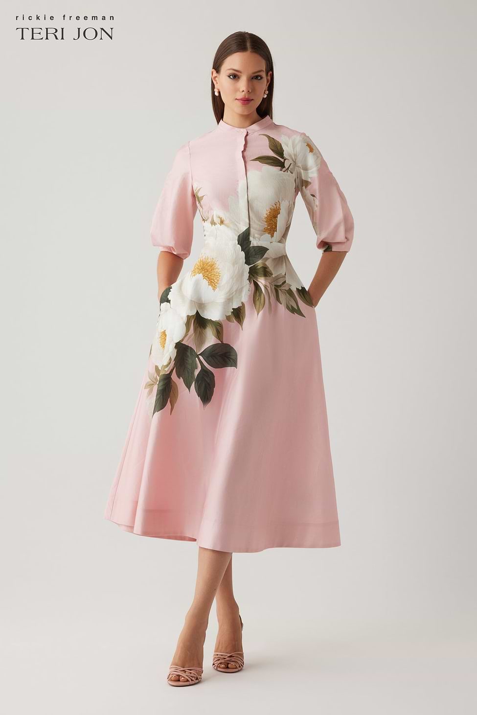 Rickie Freeman for Teri Jon Floral-Print Cotton Midi Shirtdress, Pink Multi, Women's, 18