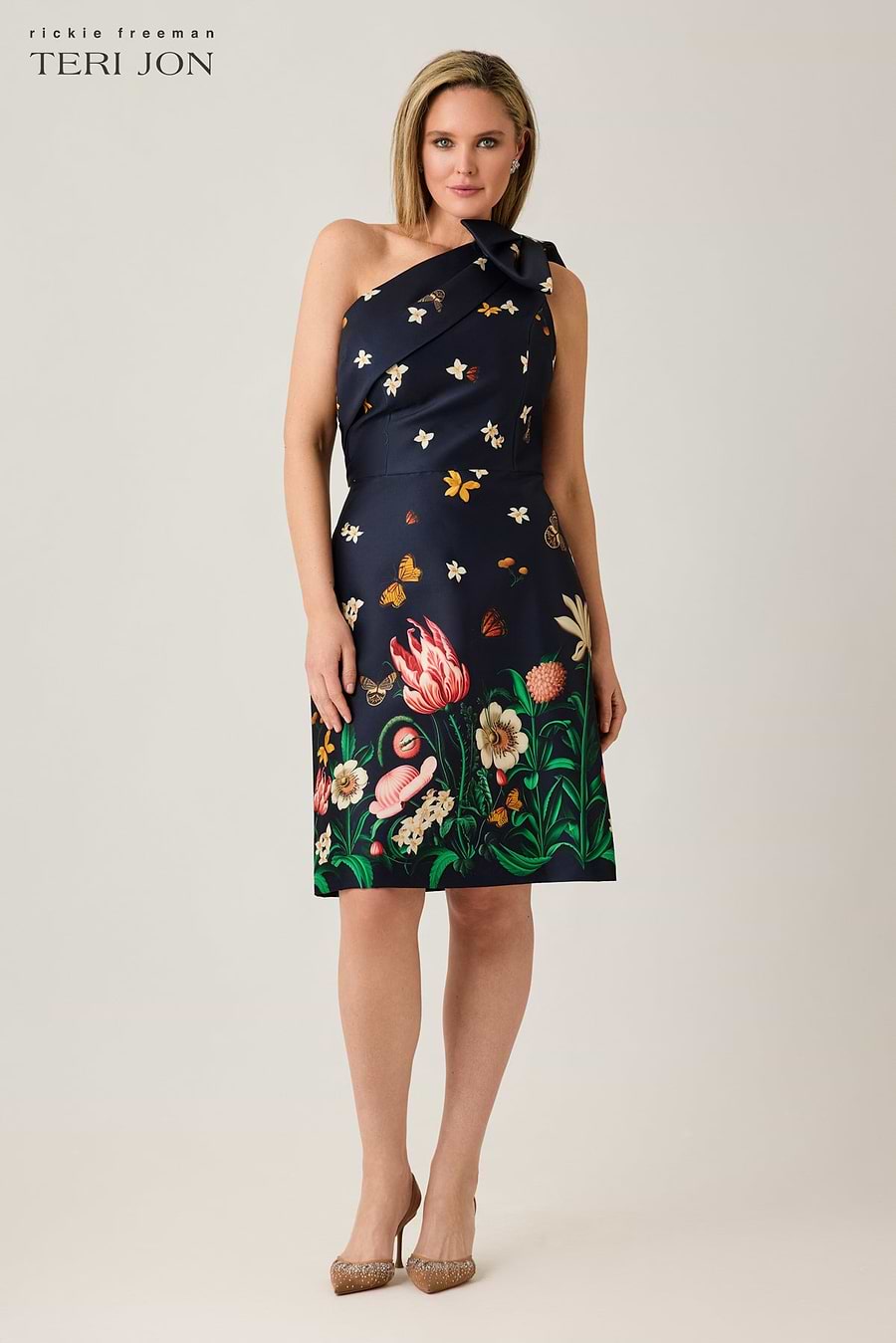 Mikado Floral Butterfly One Shoulder Dress