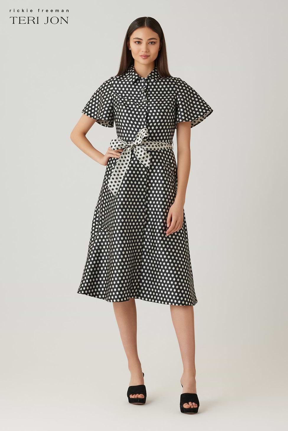 Polka Dot Rhinestone Button Short Sleeve Dress