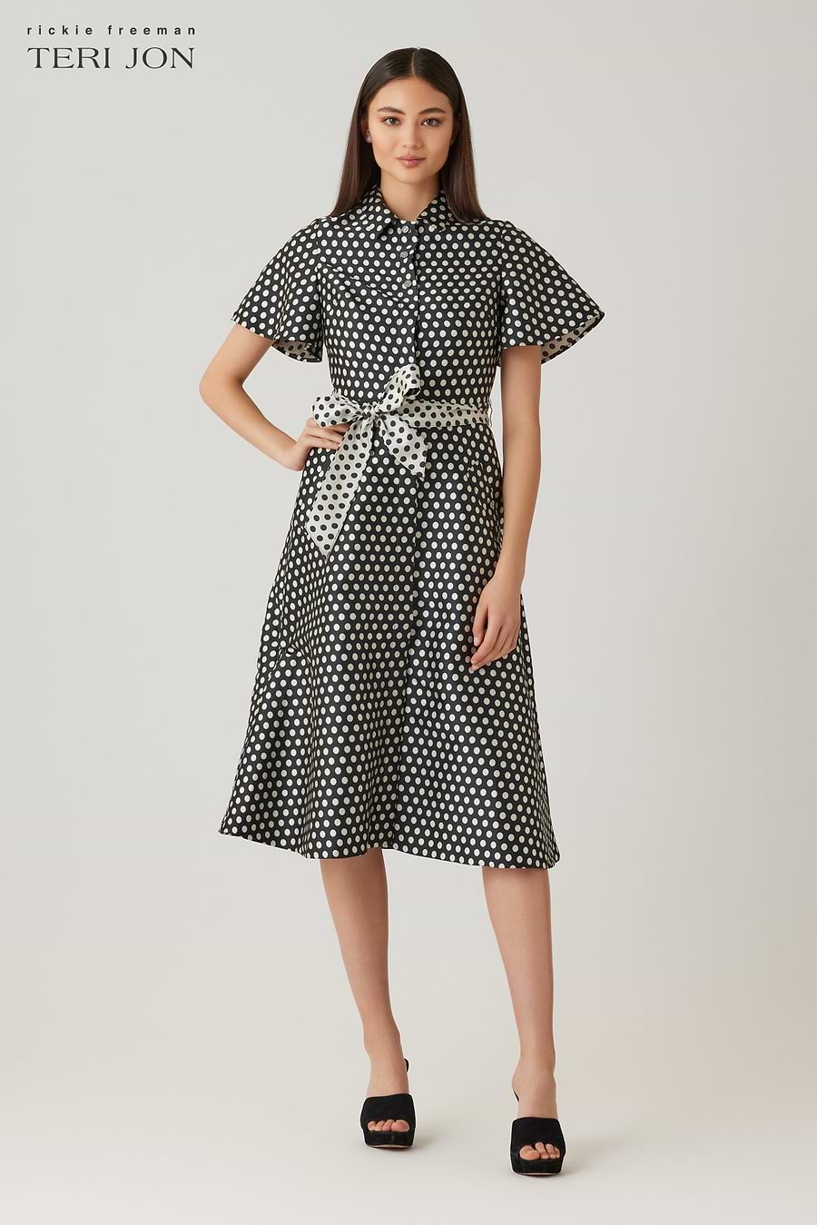 Polka Dot Rhinestone Button Short Sleeve Dress