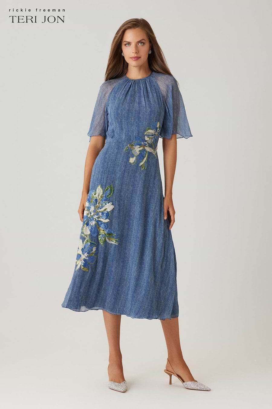 Chiffon Flutter Sleeve Sequin Flower Motif Dress