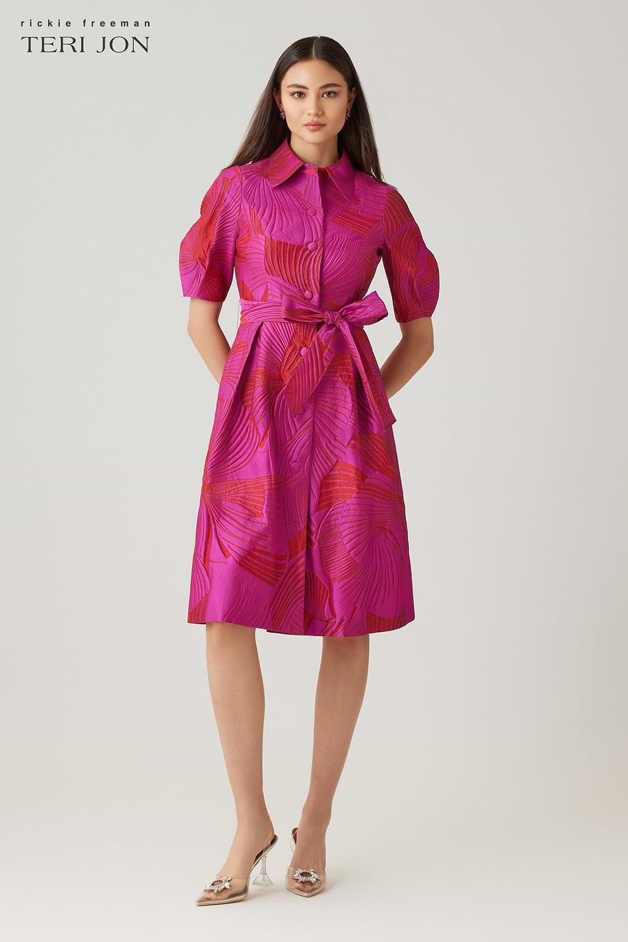 Teri Jon Jacquard Abstract Print Puff Sleeve Shirt Dress Size 2