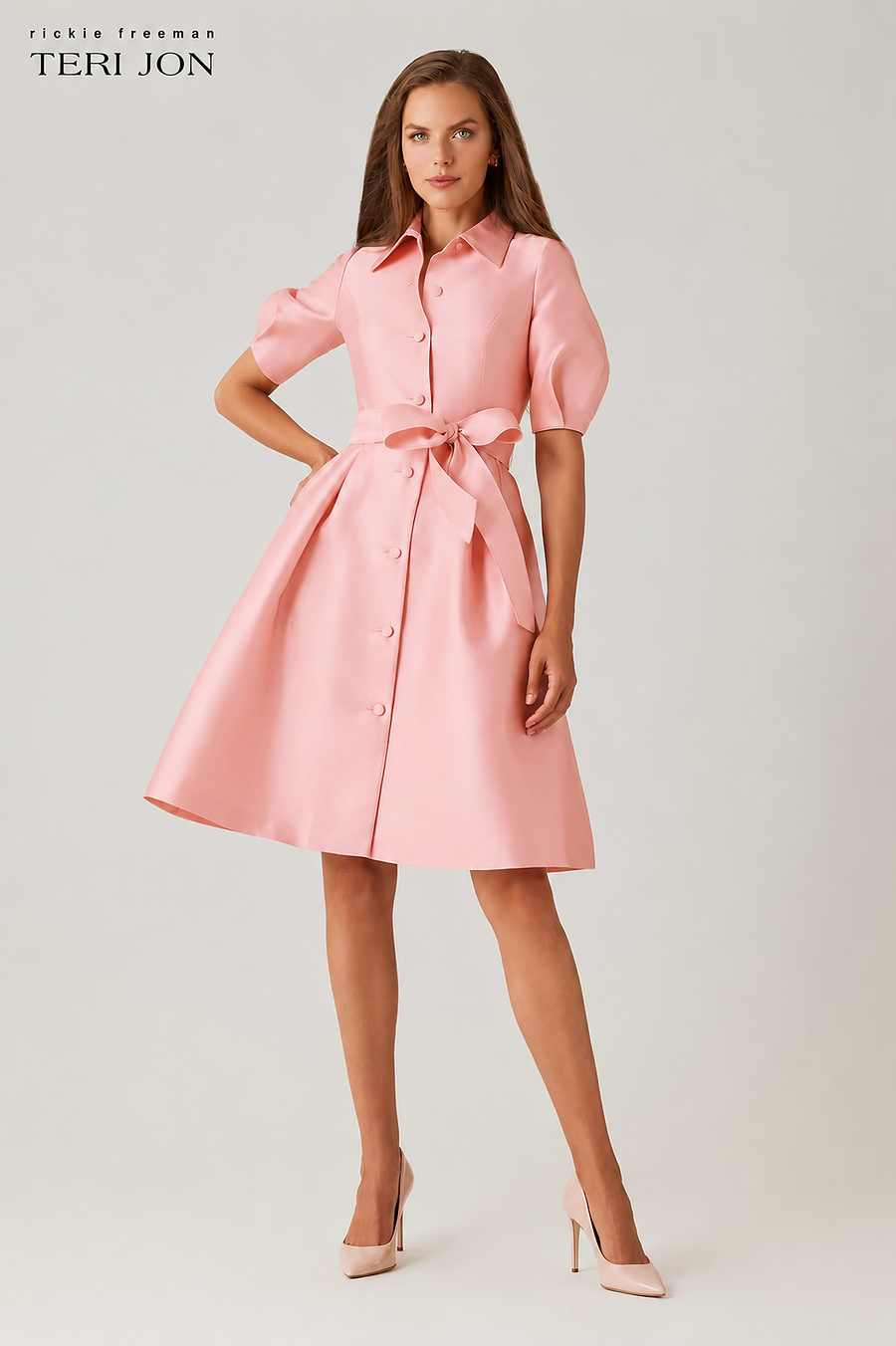 Teri Jon Pique Faille Puff Sleeve Shirt Dress Size 0