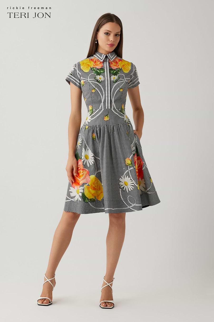 Teri Jon Cotton Pearl Floral Print Short Sleeve Shirtwaist Dress Size 16