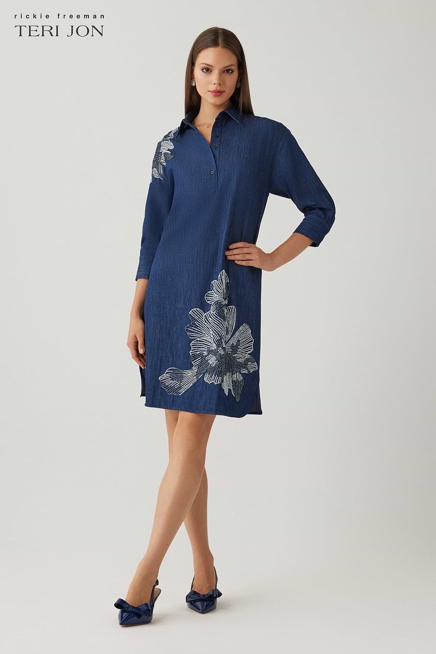 Teri Jon Denim Shirt Collar Tunic Beaded Trim Dress Size 12