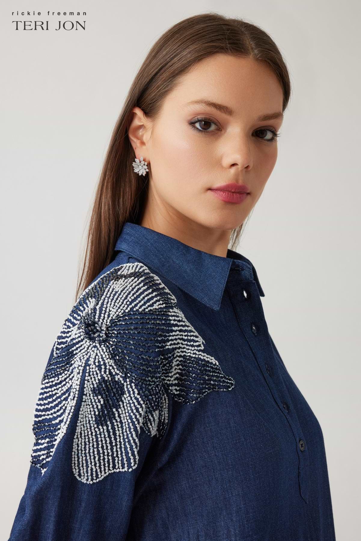 Denim Shirt Collar Tunic Beaded Trim Dress –
