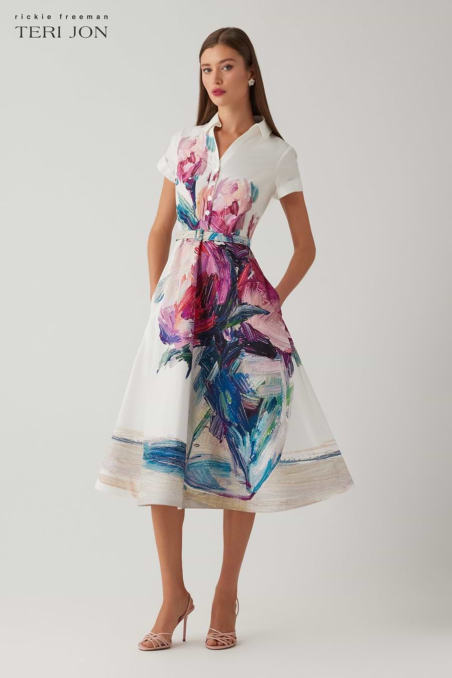 Teri Jon By Rickie Freeman Women's Floral Cotton Shirtwaist Midi-Dress - White Multi