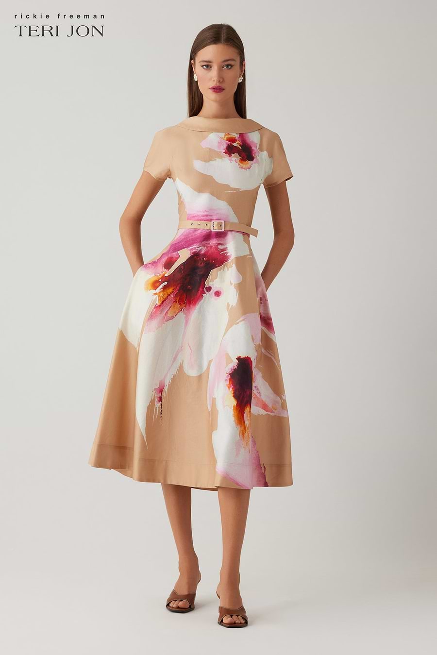 Teri Jon Cotton Floral Roll Neck Cap Sleeve Full Skirt Dress Size 2