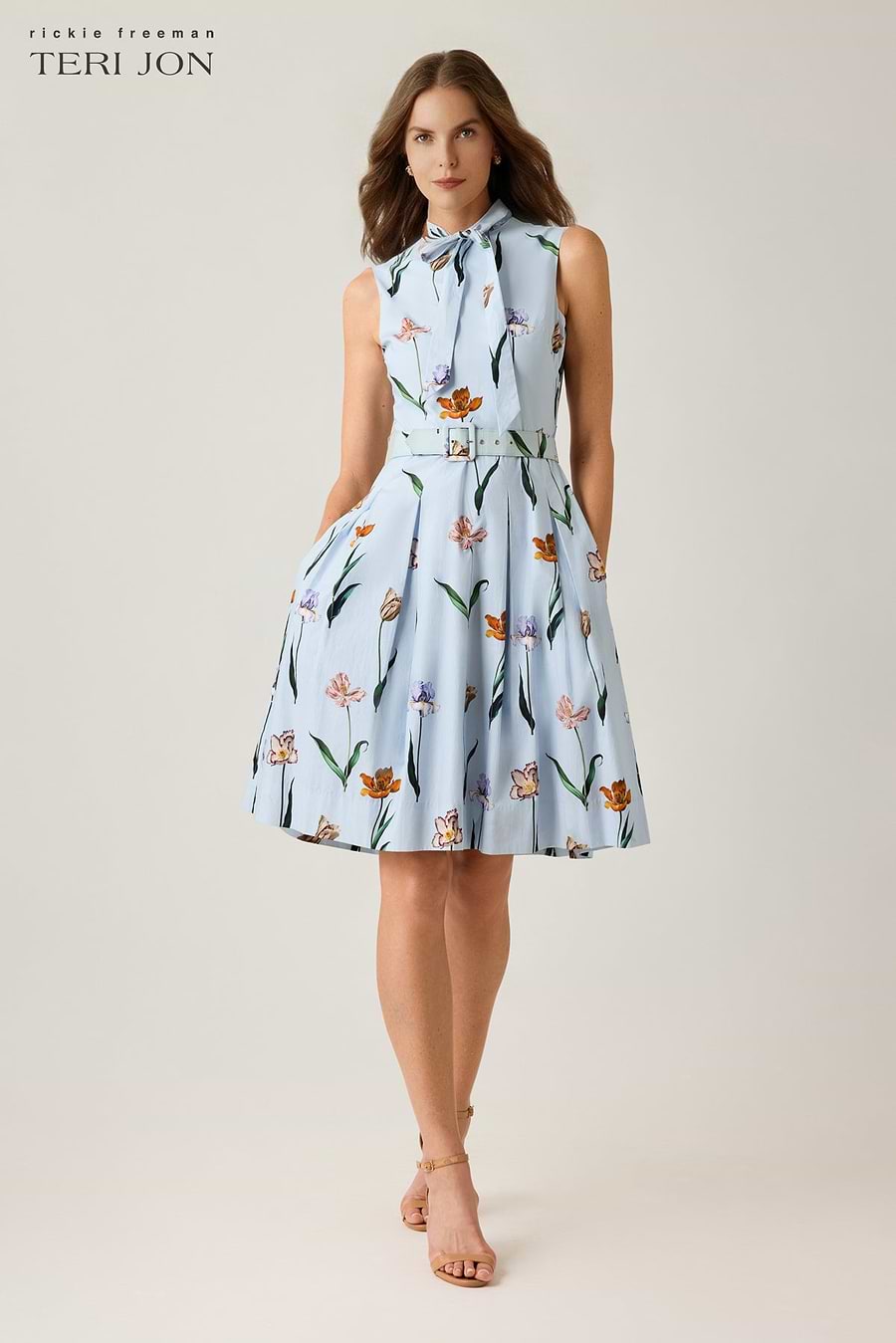 Teri Jon Cotton Print Tie Neck Dress Size 10