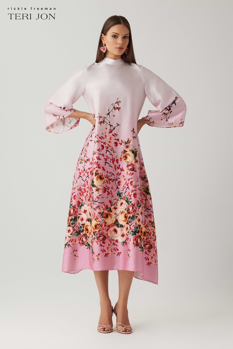 Teri Jon Mock Neck Border Print Midi Dress Size 2