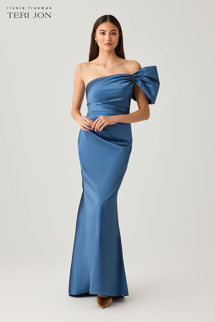 Teri Jon Taffeta Bow One Shoulder Ruched Gown Size 10