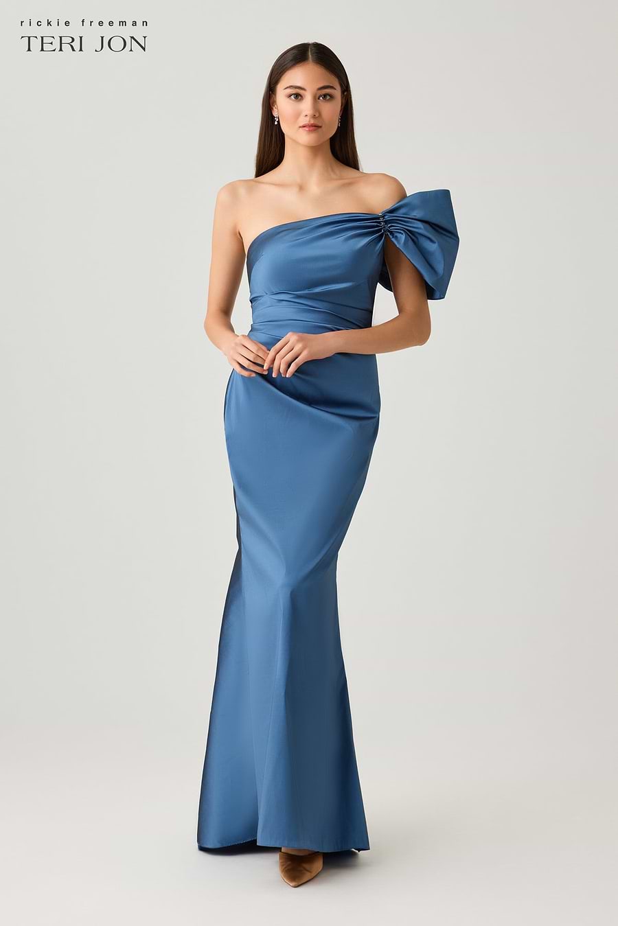 Teri Jon Taffeta Bow One Shoulder Ruched Gown Size 10
