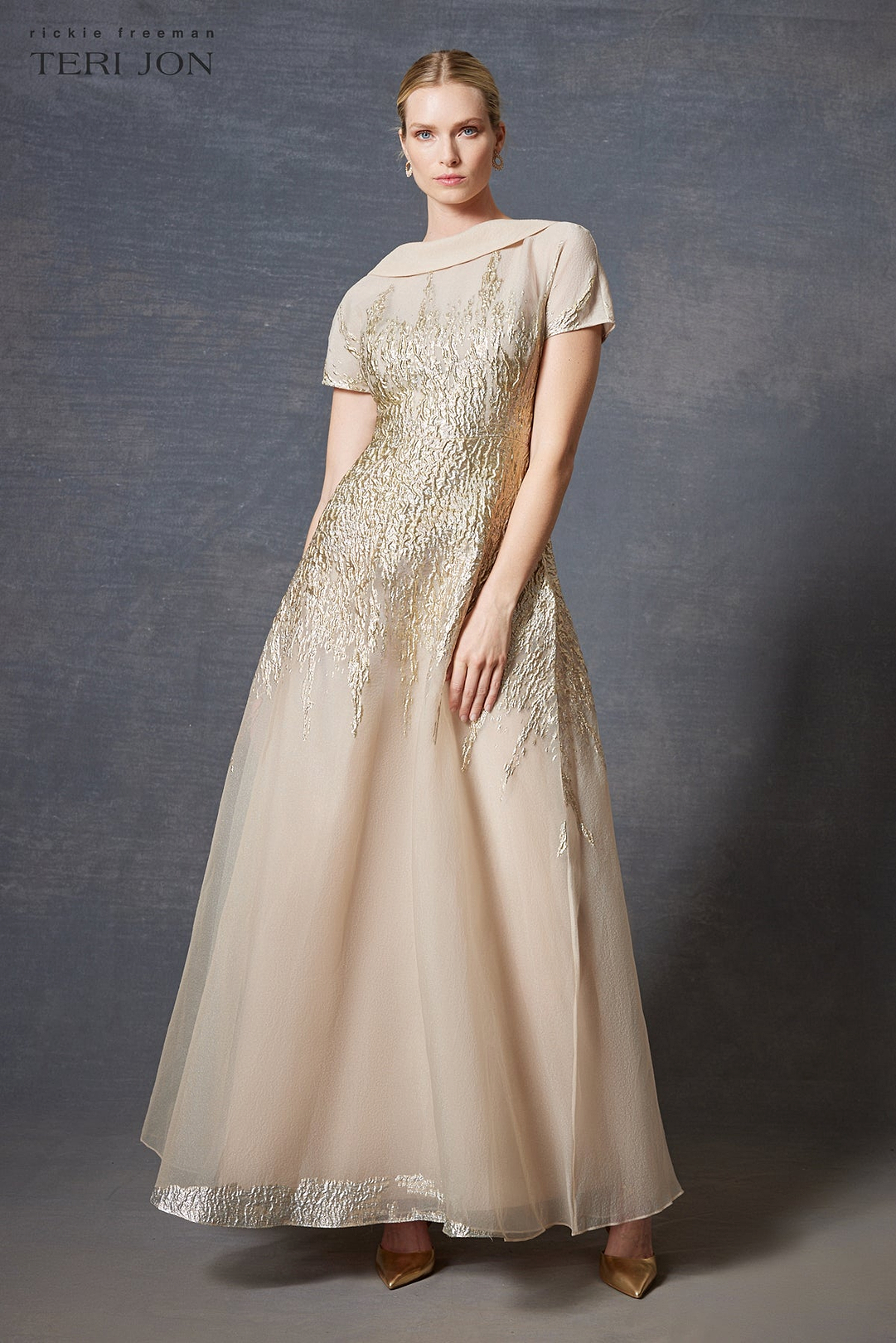 Roll Neck Metallic Organza Jacquard Gown