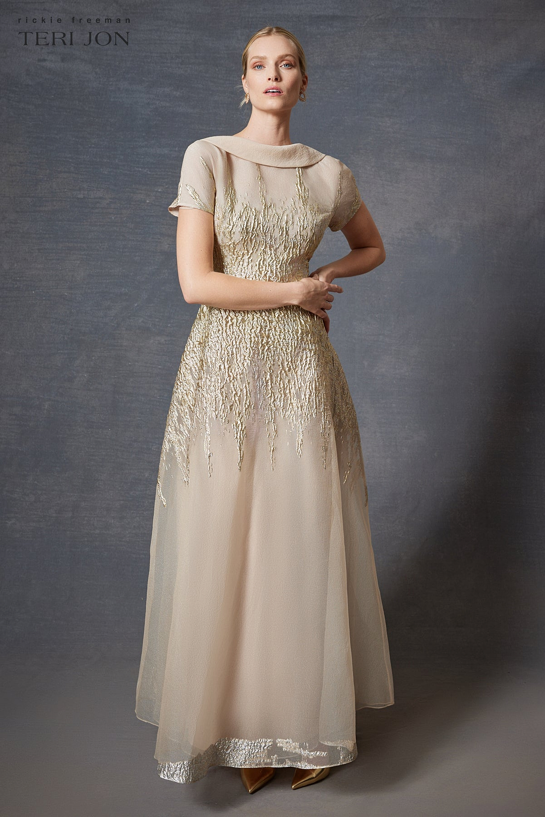 Roll Neck Metallic Organza Jacquard Gown