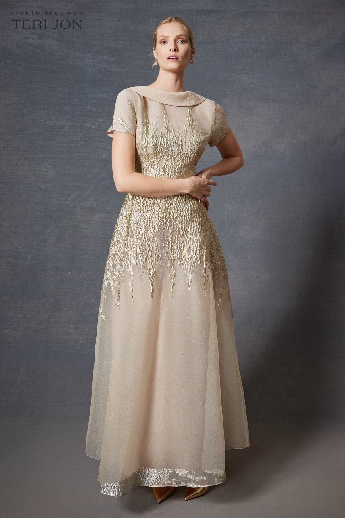 Roll Neck Metallic Organza Jacquard Gown