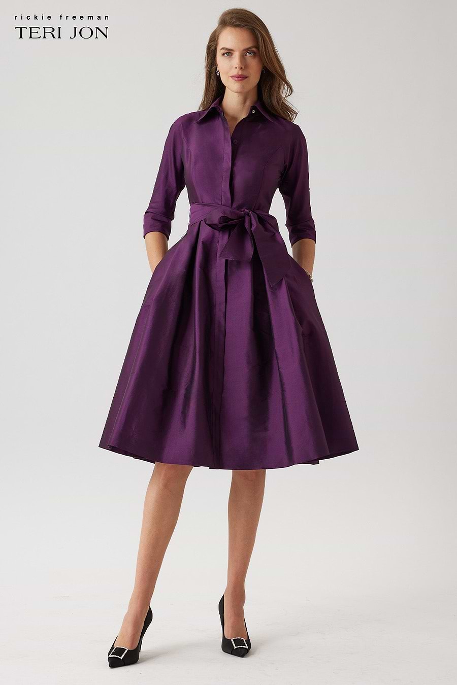 Teri Jon 3/4 Sleeve Belted Taffeta Shirt Dress Size 10