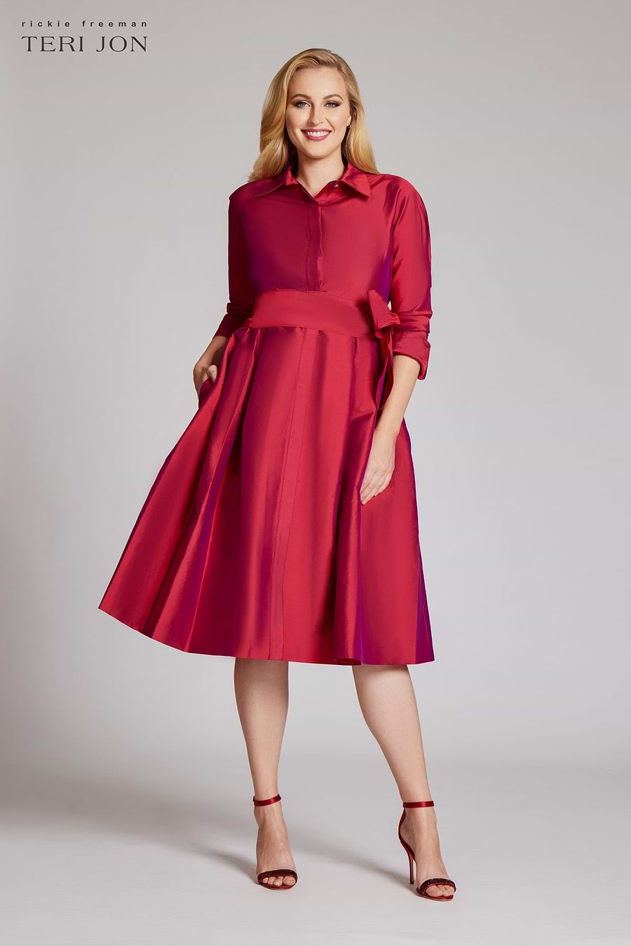 Rickie Freeman For Teri Jon 3/4-Sleeve Belted Midi Shirtdress, Blue, Women's, 2