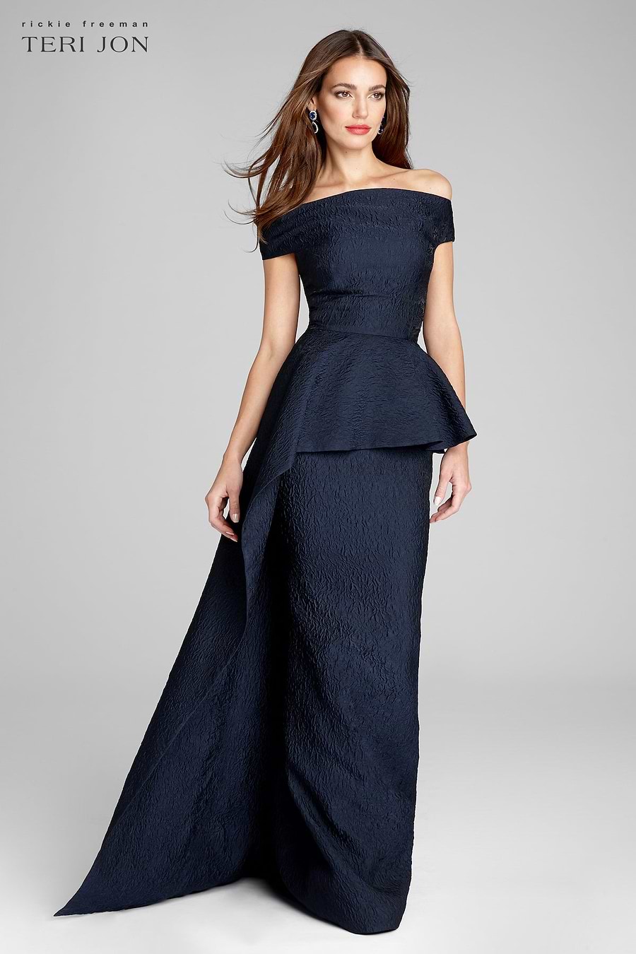Teri Jon Jacquard Off The Shoulder Side Drape Overlay Gown Size 12