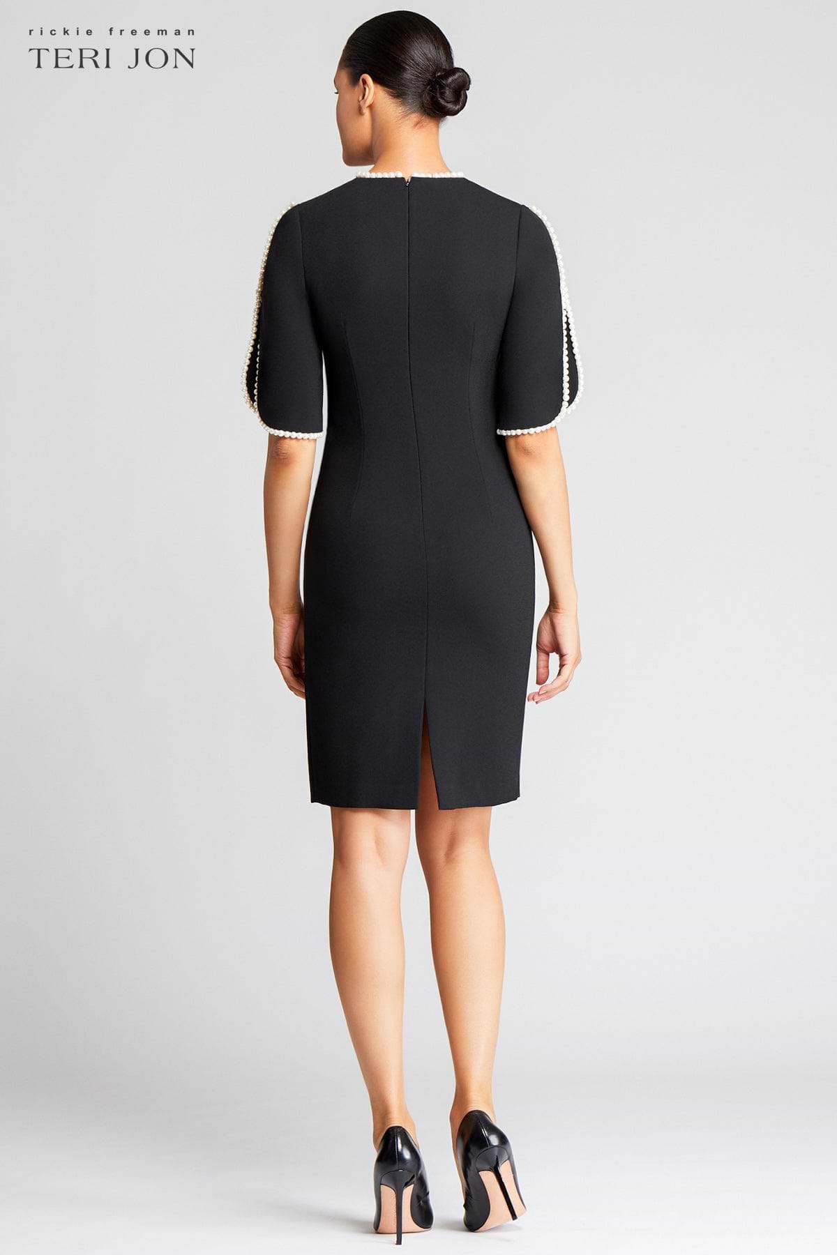 Short Sleeve Pearl Trim Crepe Sheath Dress – Terijon.com