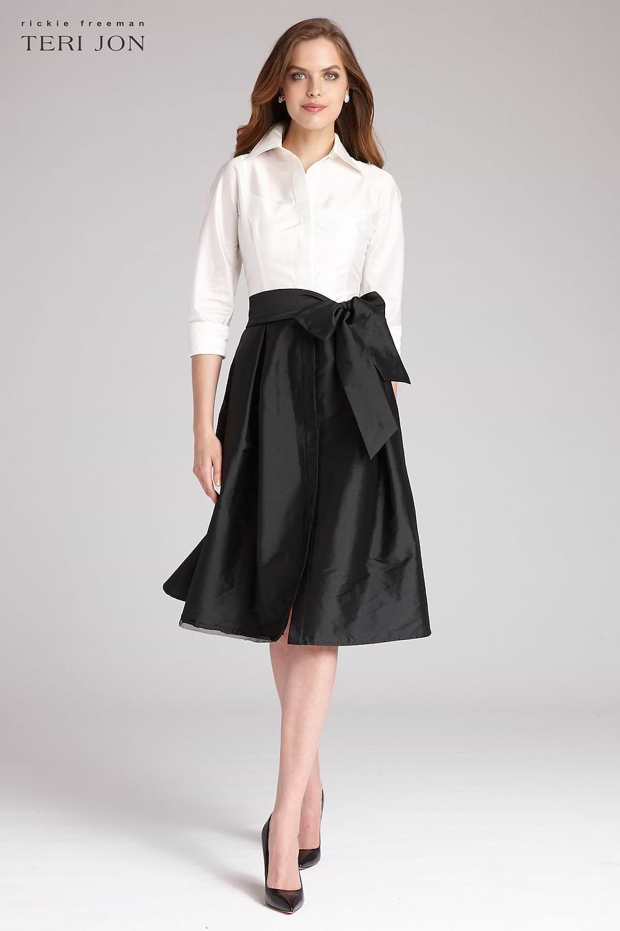 Teri Jon Two-Tone Collared Taffeta Gown - Black White