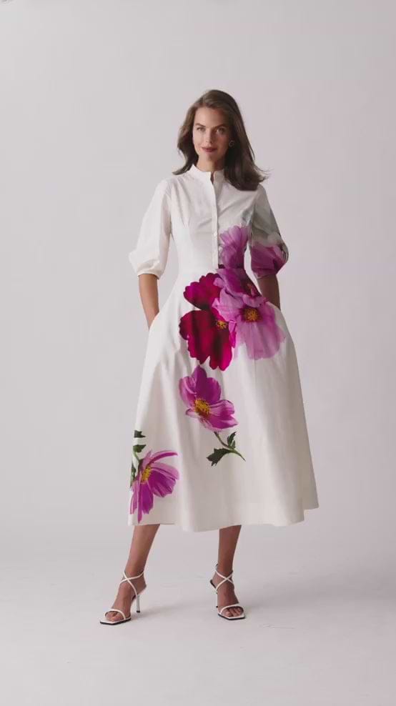 Cotton Mandarin Collar Midi Flower Shirt Dress