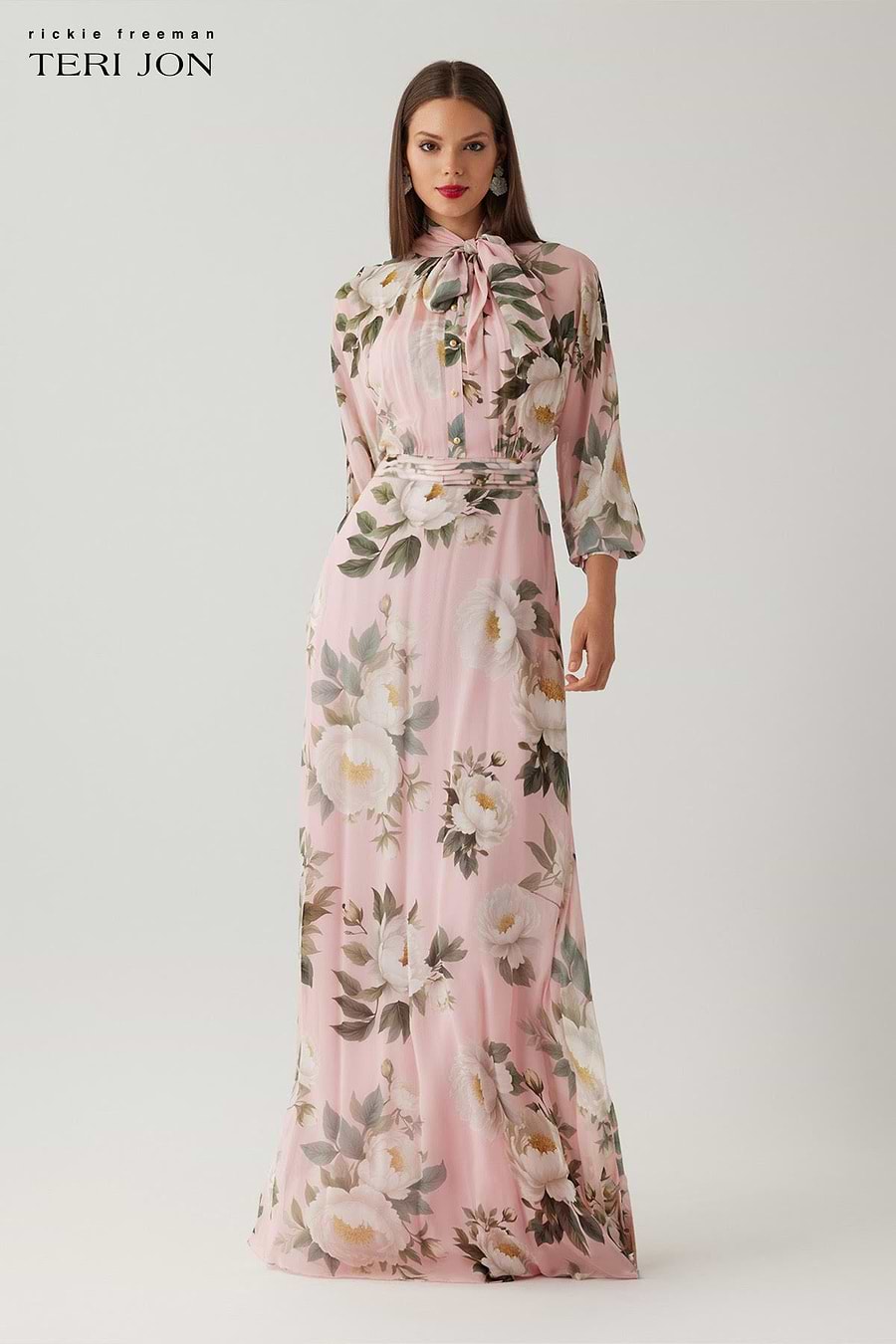 Chiffon Floral Printed Tie Neck Gown