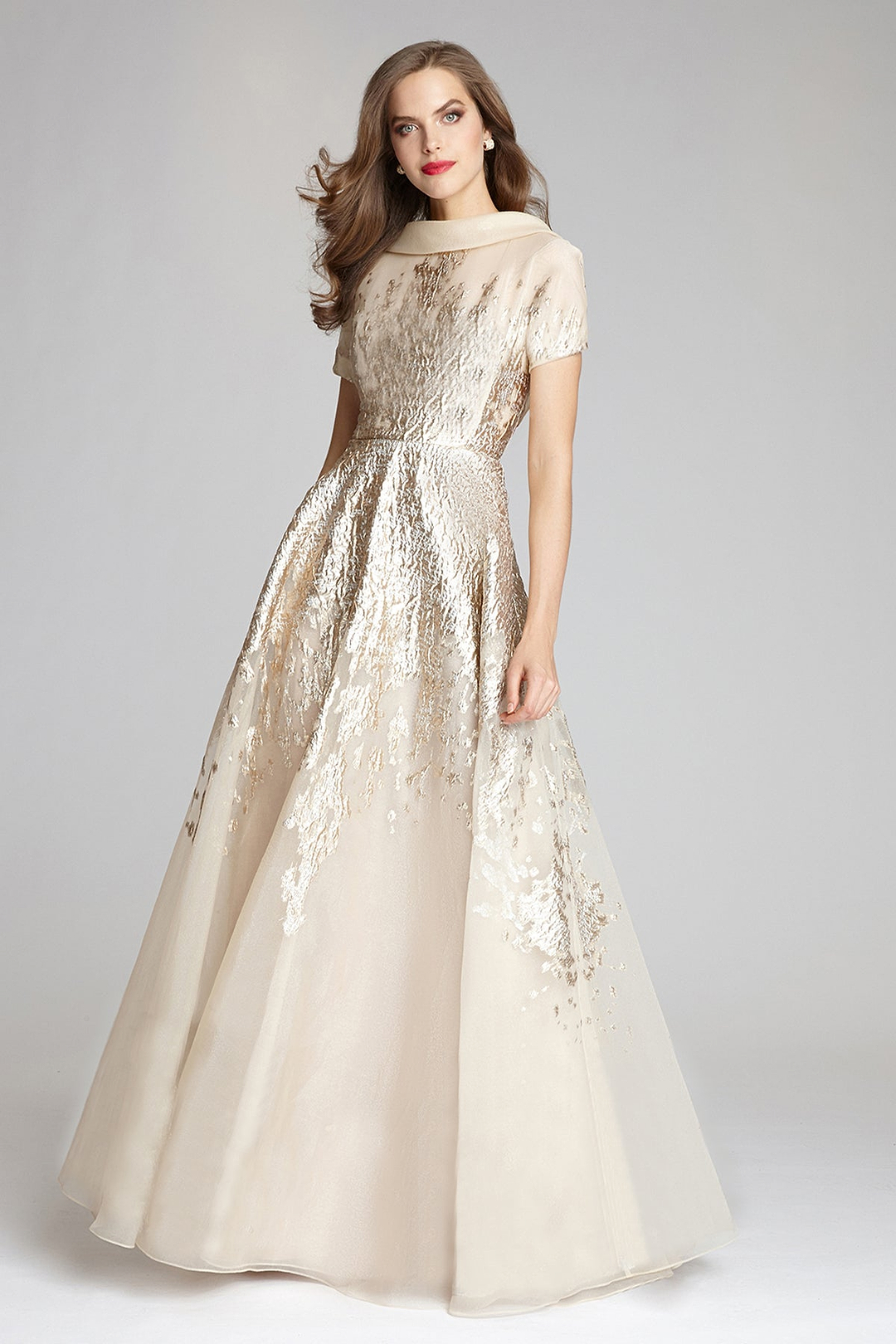 Roll Neck Metallic Organza Jacquard Gown