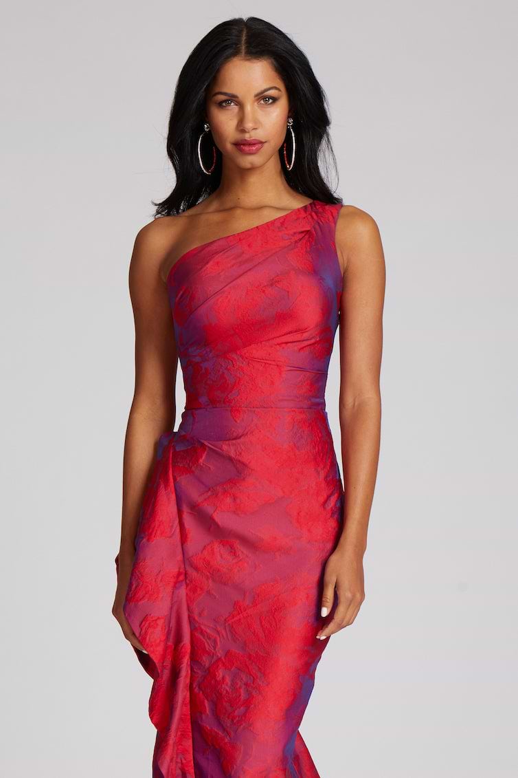 Teri Jon Jacquard One Shoulder Ruched Side Peplum Gown Size 12