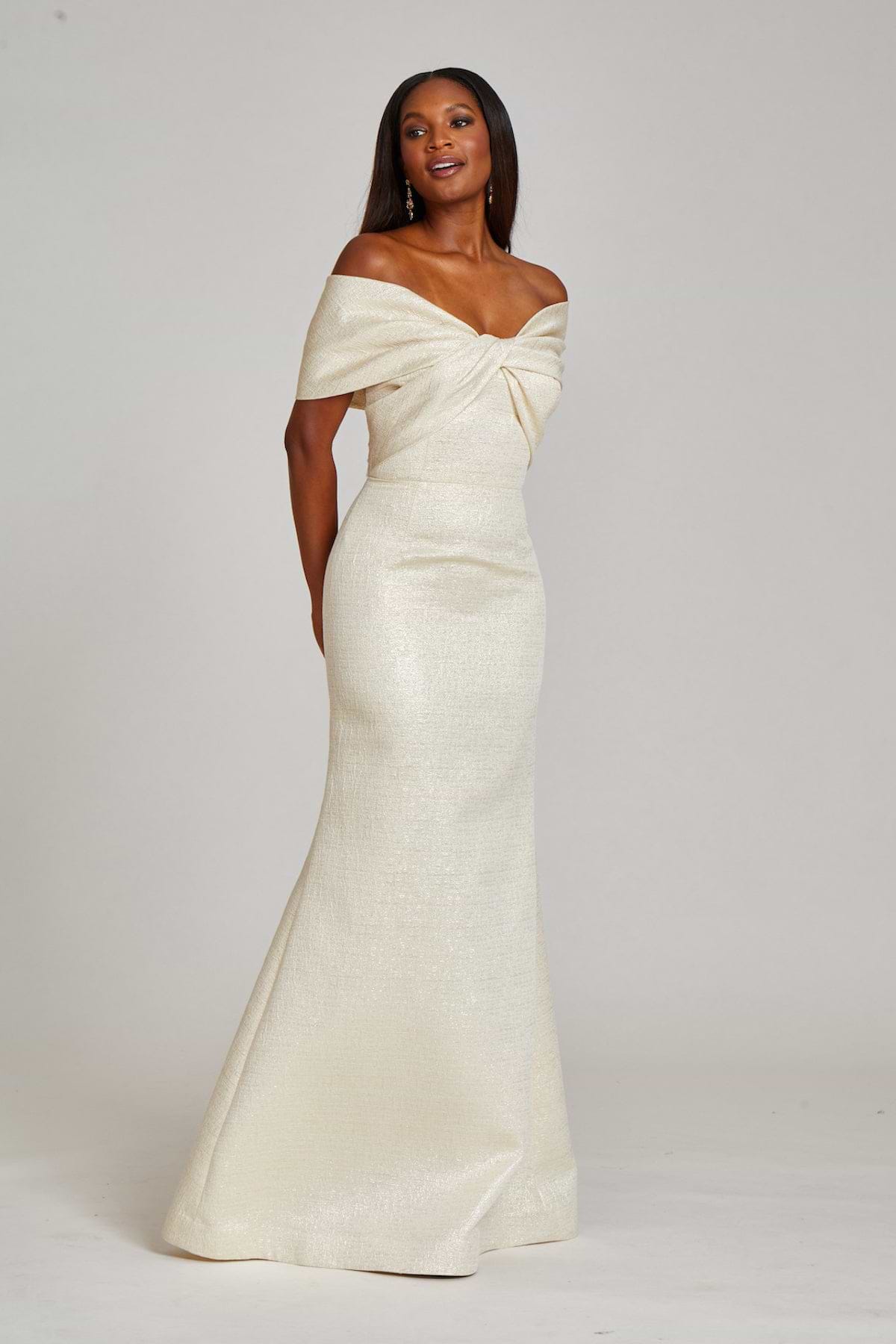 Metallic Jacquard Twist Bodice Off The Shoulder Gown –