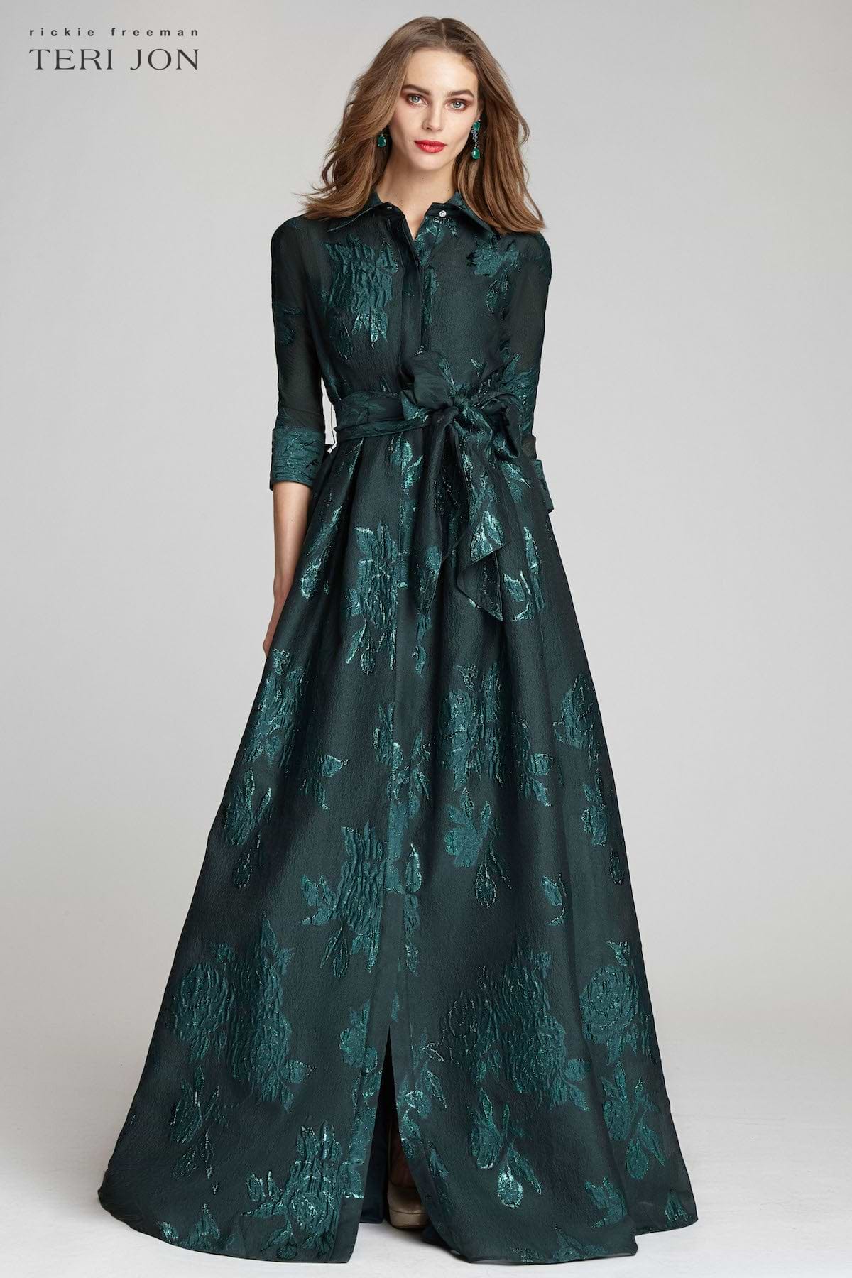 Metallic Jacquard Shirtdress Gown with Floral Print | Teri Jon