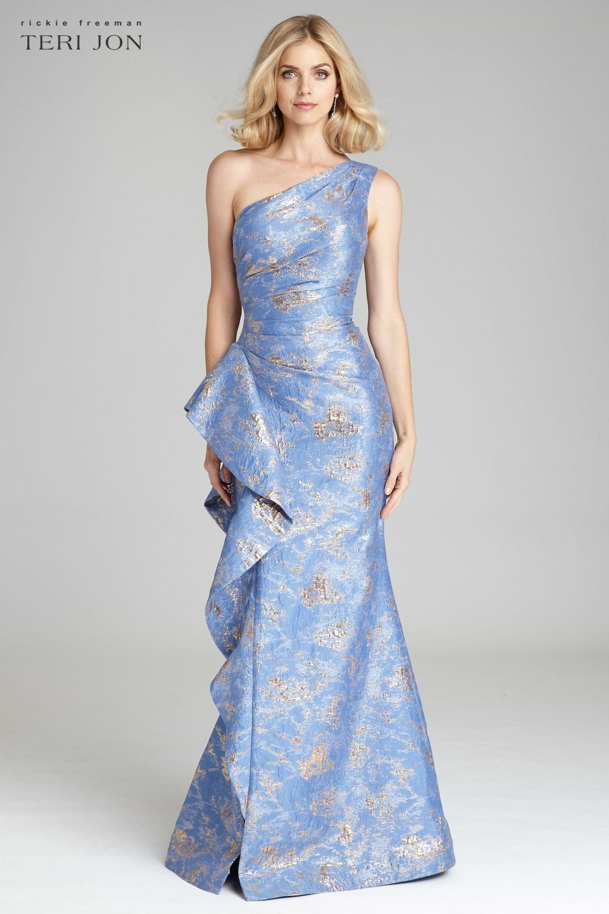 Teri Jon Metallic Jacquard One-Shoulder Gown - Sky Blue