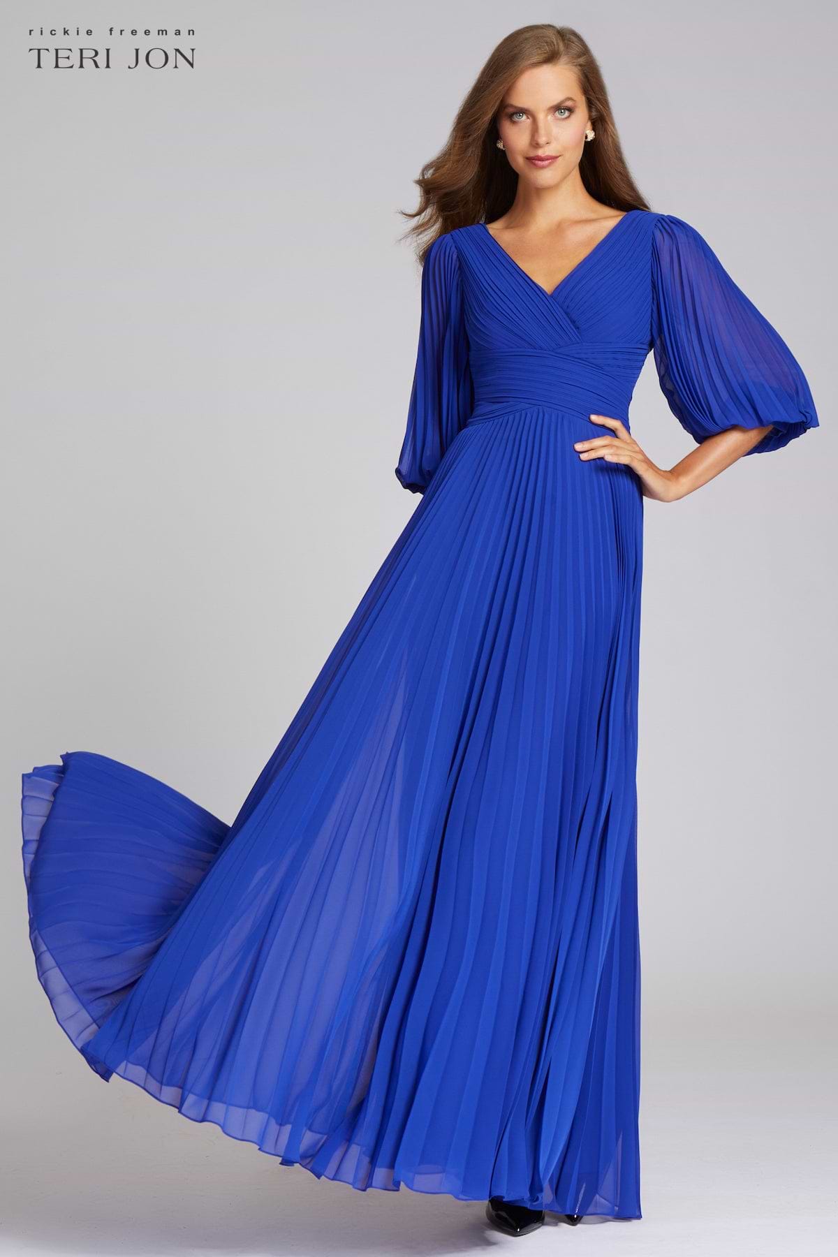 Teri Jon Chiffon Puff Sleeve Pleated VNeck Gown Size 6