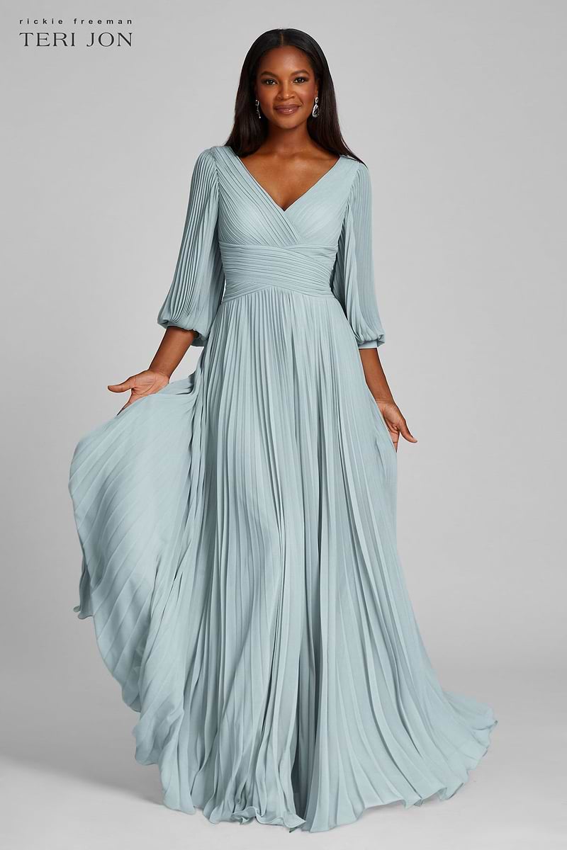 Chiffon Puff Sleeve Pleated VNeck Gown
