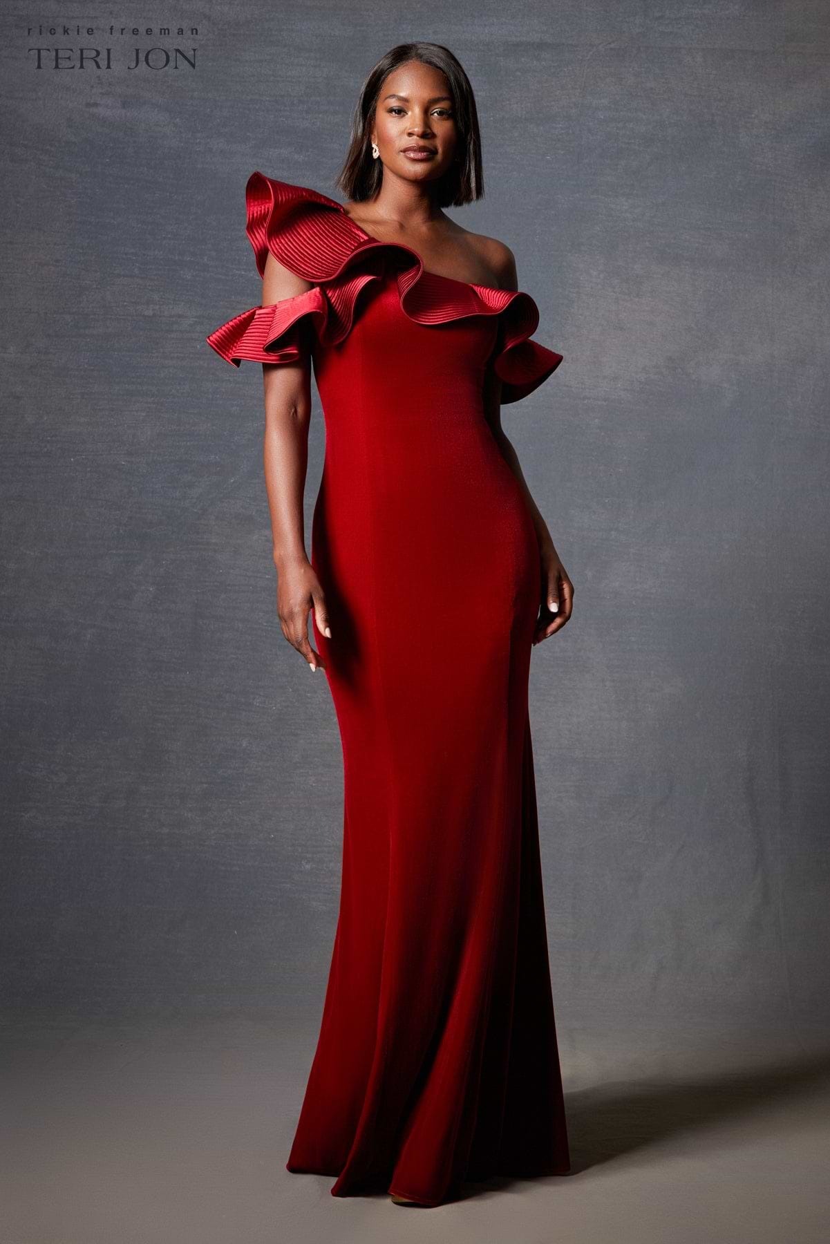 Velvet Ruffle Asymmetrical Gown
