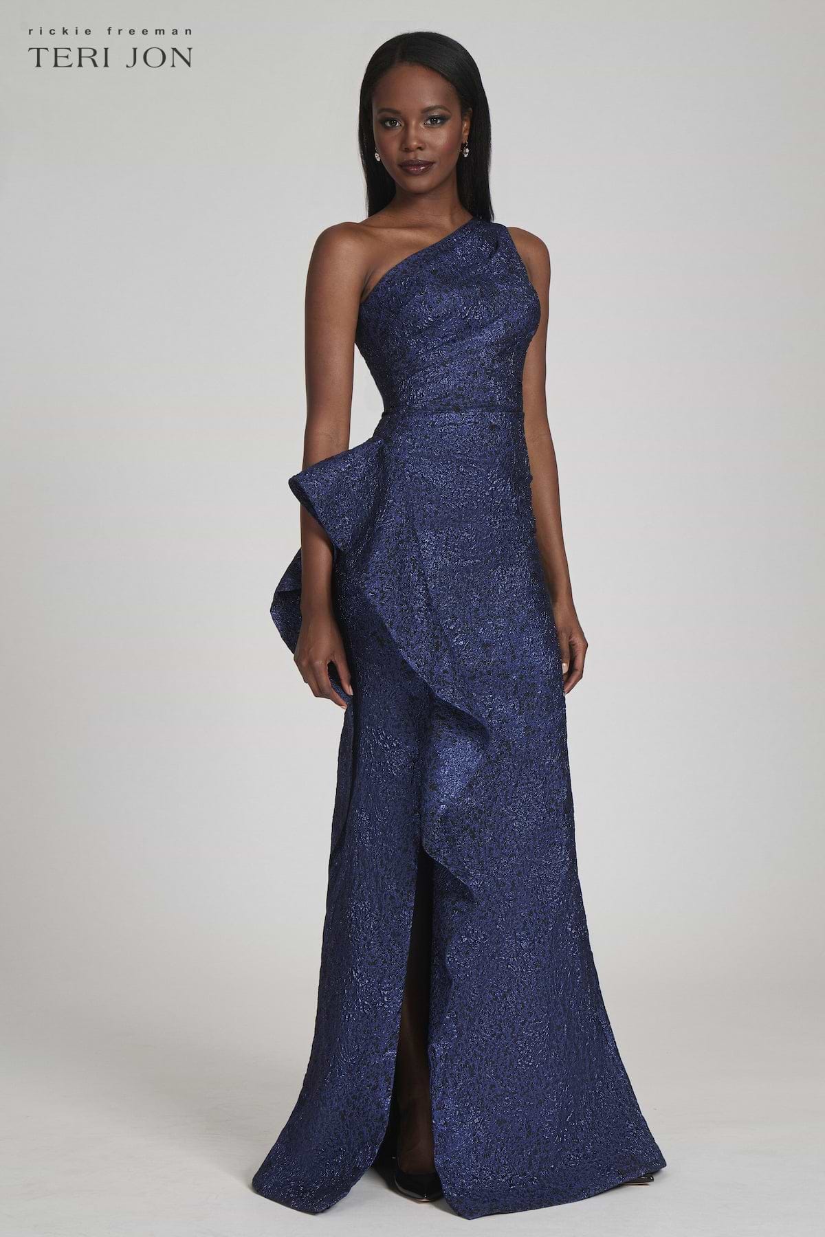 スーツ・フォーマル・ドレス Shouder frill jacquard dress Jacquard One Shoulder Side Ruffle Gown | Teri Jon – Terijon.com